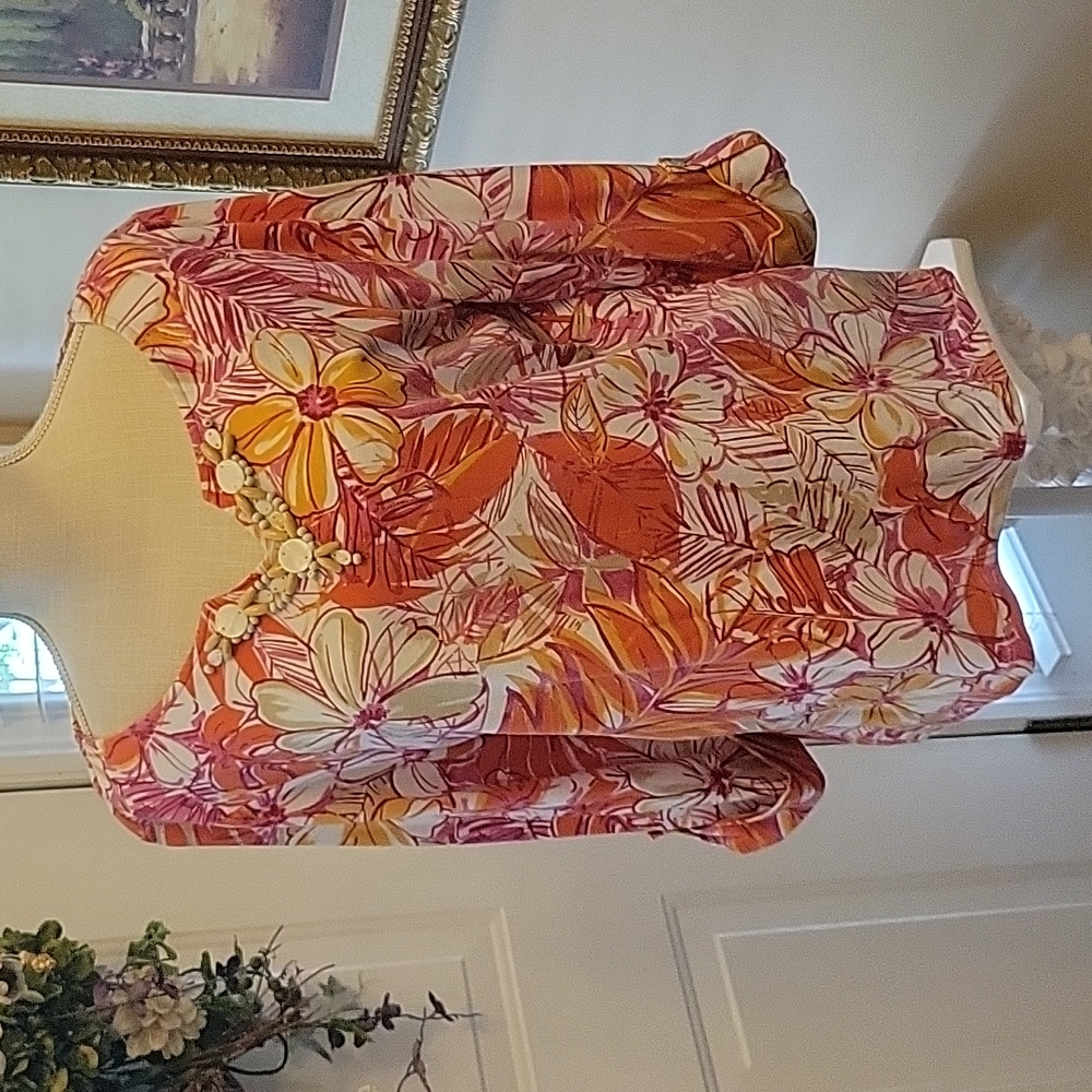 Ruby Rd pink yellow orange sage white floral print beaded stretch top Lg EUC …